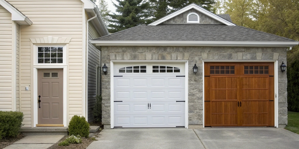 Illustration showing standard garage door sizes for single and double garages, with measurement charts and examples for homeowners
