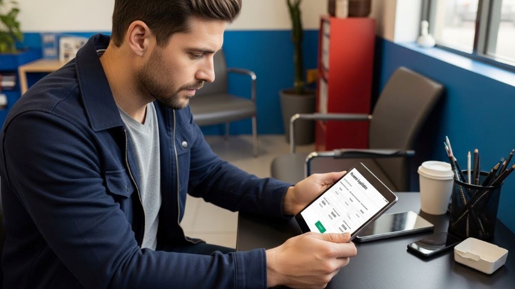Car owner reviewing auto repair financing options on tablet at repair shop