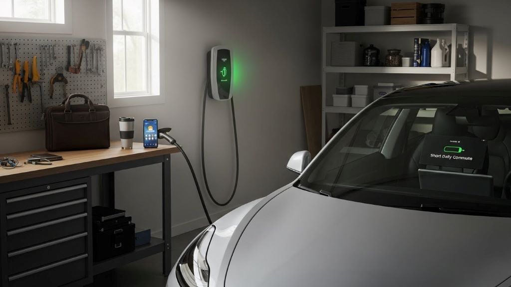 Electric vehicle charging at home station preparing for short daily commute trips