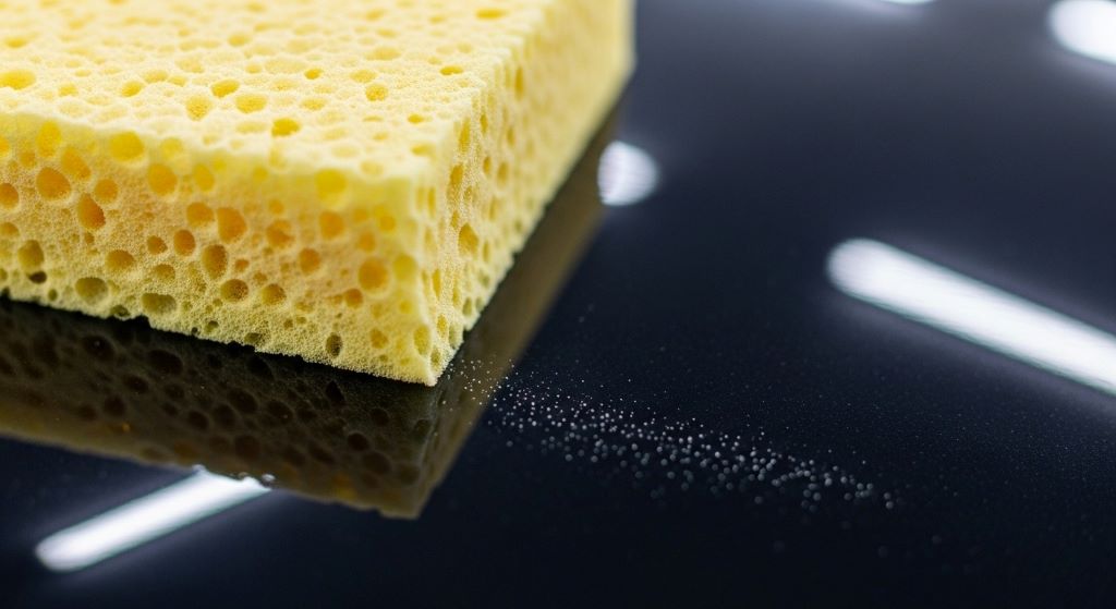 Close-up of a soft foam polishing pad on a ceramic-coated car surface