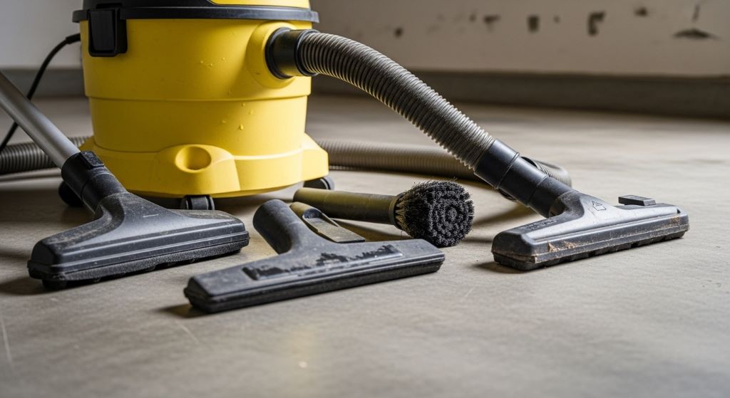 Close-up of garage cleaning tools including a wet/dry vacuum, hose attachments, and crevice tool arranged on a garage floor