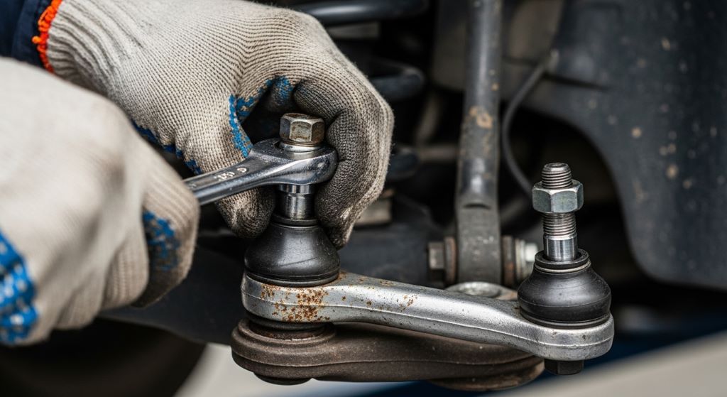 Close-up of a worn tie rod end being replaced during a suspension and steering repair service