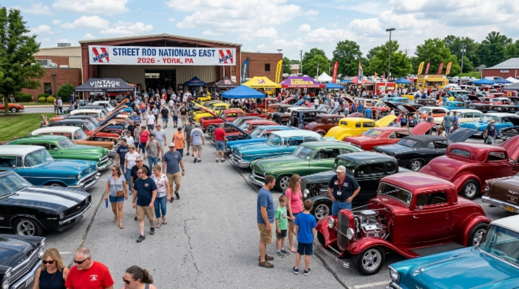 Vintage muscle cars and hot rods parading through downtown York, Pennsylvania during the 2026 NSRA Street Rod Nationals East Saturday parade