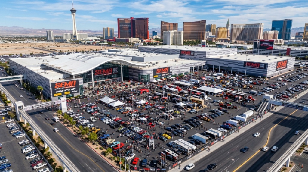 Aerial view of the Las Vegas Convention Center exterior during the SEMA Show 2026 event week