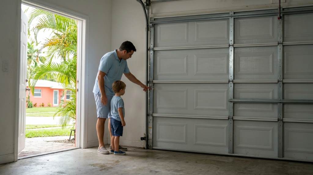 Technician aligning garage door tracks inside a modern Miami family home garage