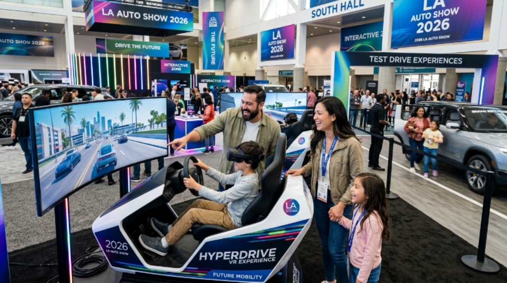A family enjoying interactive automotive exhibits and test drive experiences at the LA Auto Show 2026 in Los Angeles