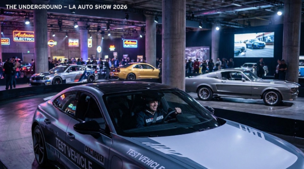 A car enthusiast test-driving a new electric vehicle in The Underground zone at the Los Angeles Auto Show 2026, with performance cars and custom builds on display in the background