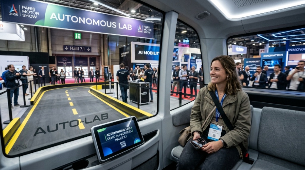 A visitor experiencing a fully autonomous vehicle demonstration at the Autonomous Lab inside Hall 7.1 at the Paris Motor Show 2026