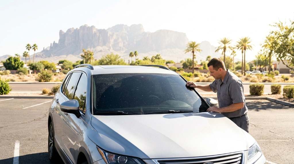 Technician calibrating windshield camera sensors after glass replacement