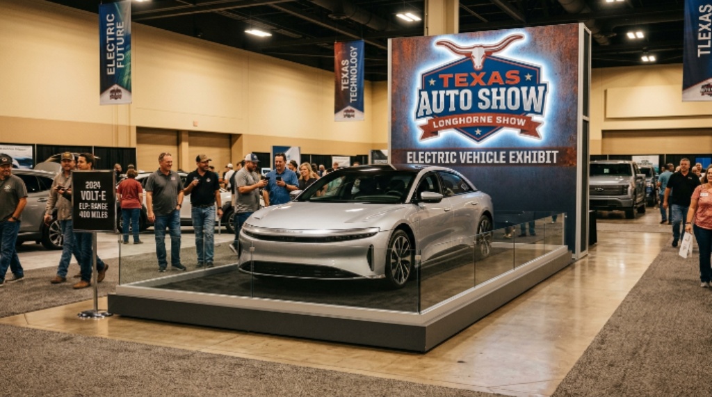 Electric car display at a Texas automotive exhibit