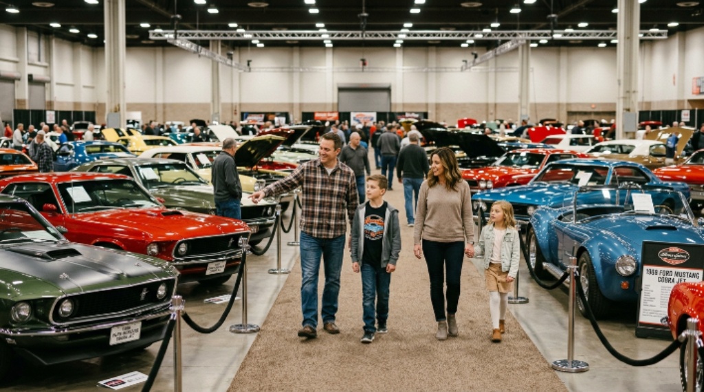Family walking through an indoor car show event