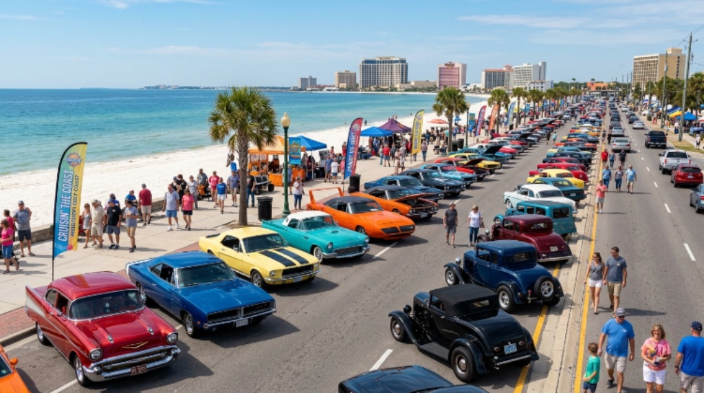 Classic cars lined up along the Mississippi Gulf Coast during Cruisin' the Coast