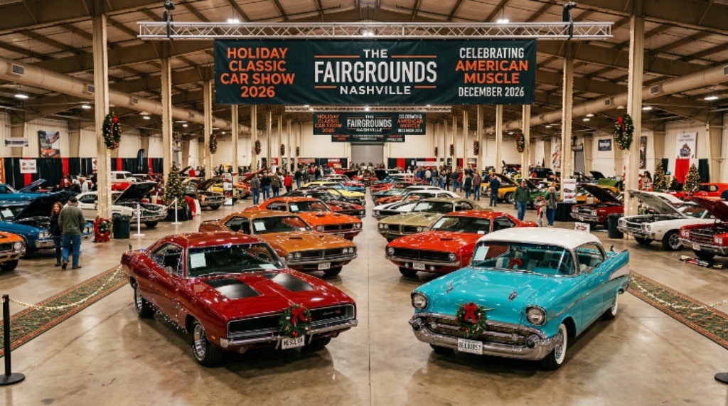 Rows of gleaming classic American muscle cars including a 1969 Dodge Charger and a 1957 Chevrolet Bel Air on display inside The Fairgrounds Nashville during the Holiday Classic Car Show 2026, decorated with Christmas lights and wreaths