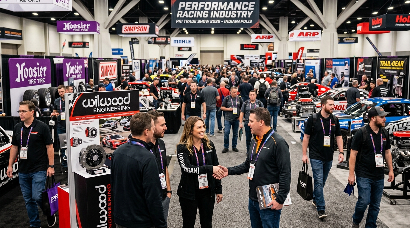 Motorsports professionals networking and browsing booths at the 2026 PRI Trade Show in Indianapolis