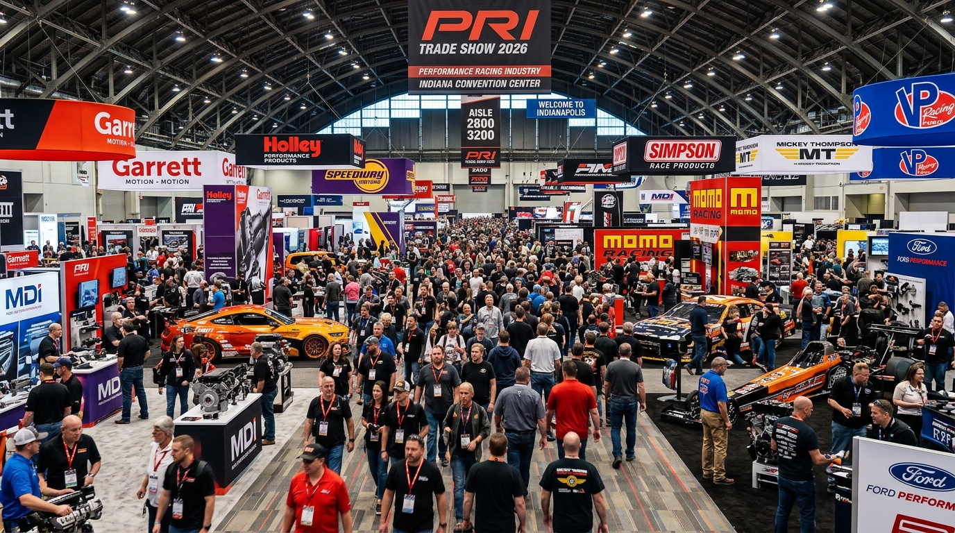 Crowded PRI Trade Show floor at the Indiana Convention Center with motorsports exhibitors and visitors in 2026