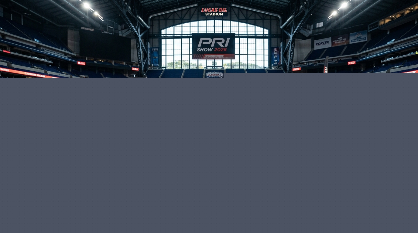 Racing performance products and engine components on display at the 2026 PRI Show in Lucas Oil Stadium