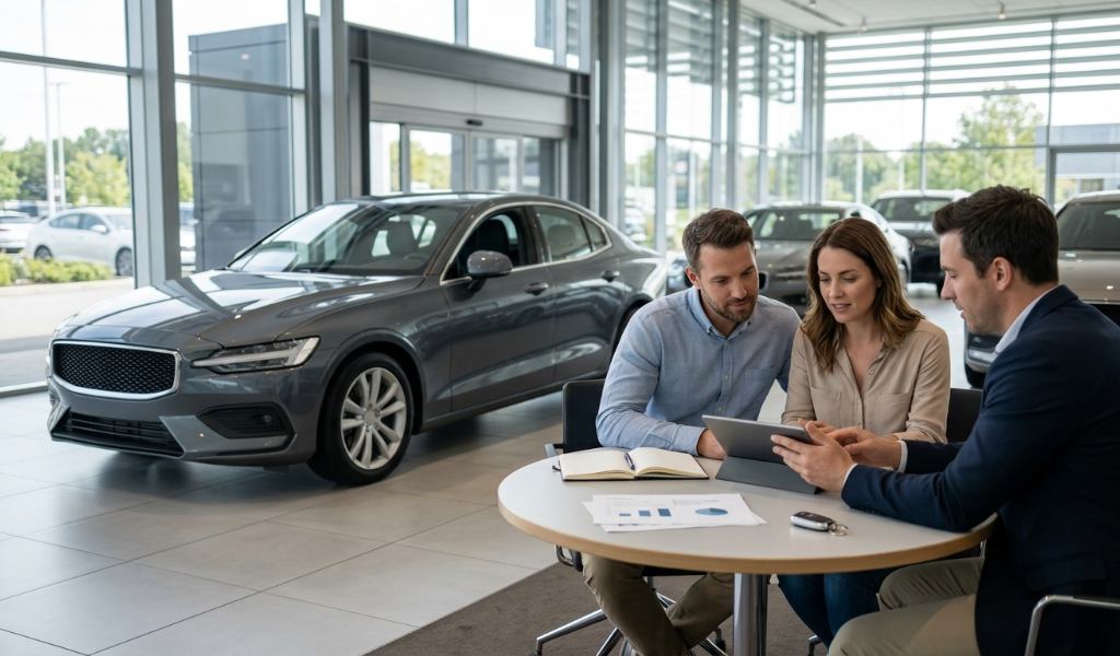 Audi vehicles lined up while a shopper evaluates lease specials