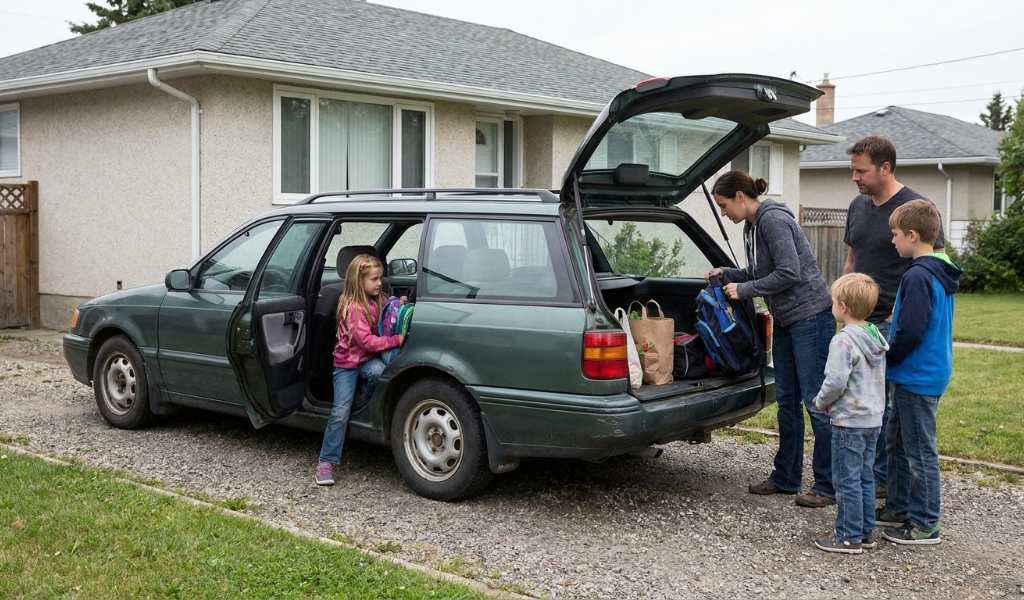 Budget-friendly minivan parked in a suburban driveway