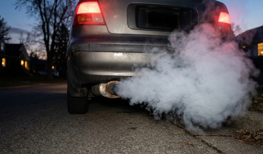 Close view of a car exhaust pipe releasing thick white smoke at dusk in a driveway