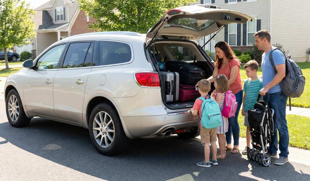 Cargo area of a family vehicle packed with luggage and gear