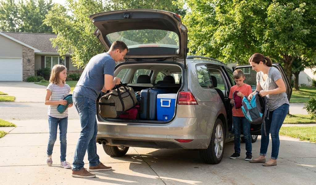 Cargo net securing luggage inside a car trunk