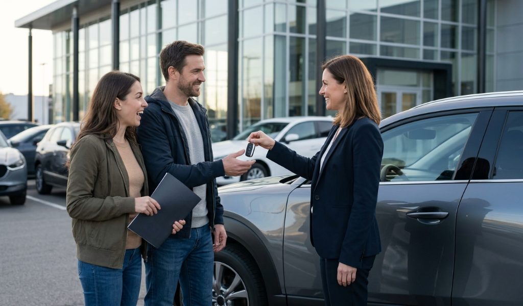Driver comparing a car lease agreement and monthly payment details