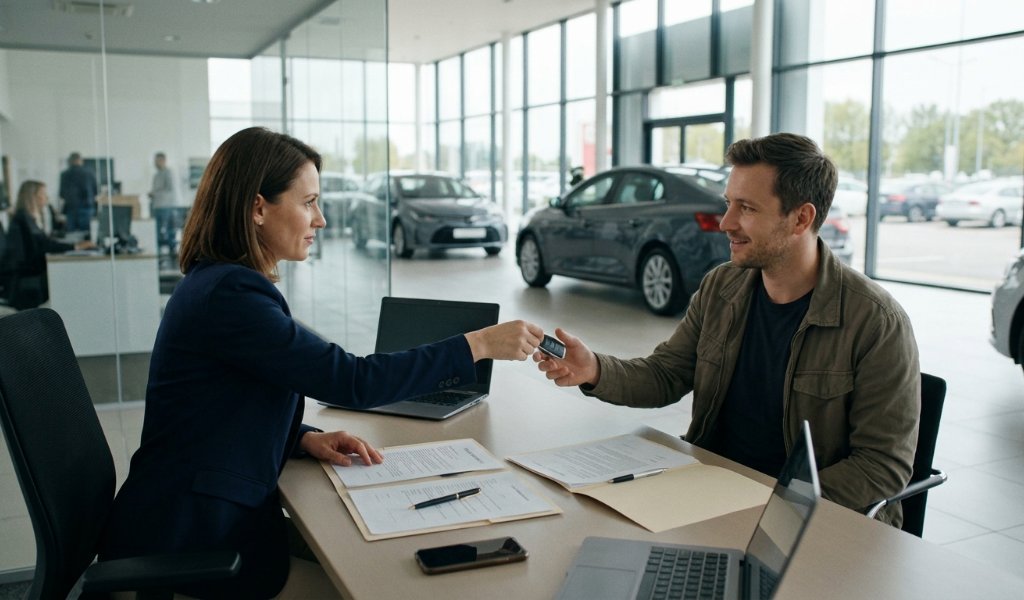 Driver reviewing a car lease agreement and monthly payment details