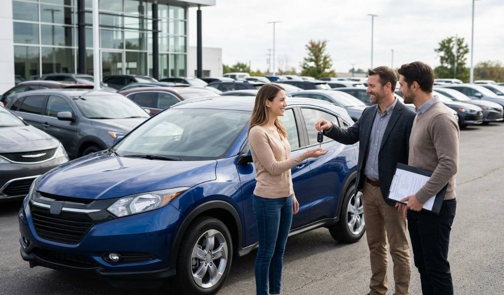 Driver reviewing a car lease agreement beside a new vehicle