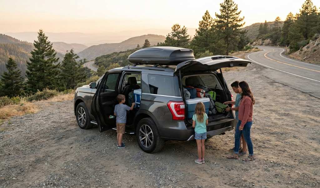 Family loading luggage into SUV cargo area before a trip