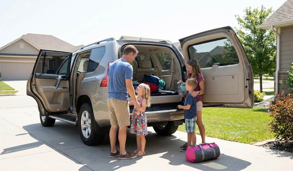 Family of five loading a minivan with sliding doors open
