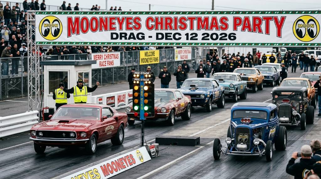 Drag racing cars lined up at the start line during the MOONEYES Christmas Party Drag event on December 12 2026