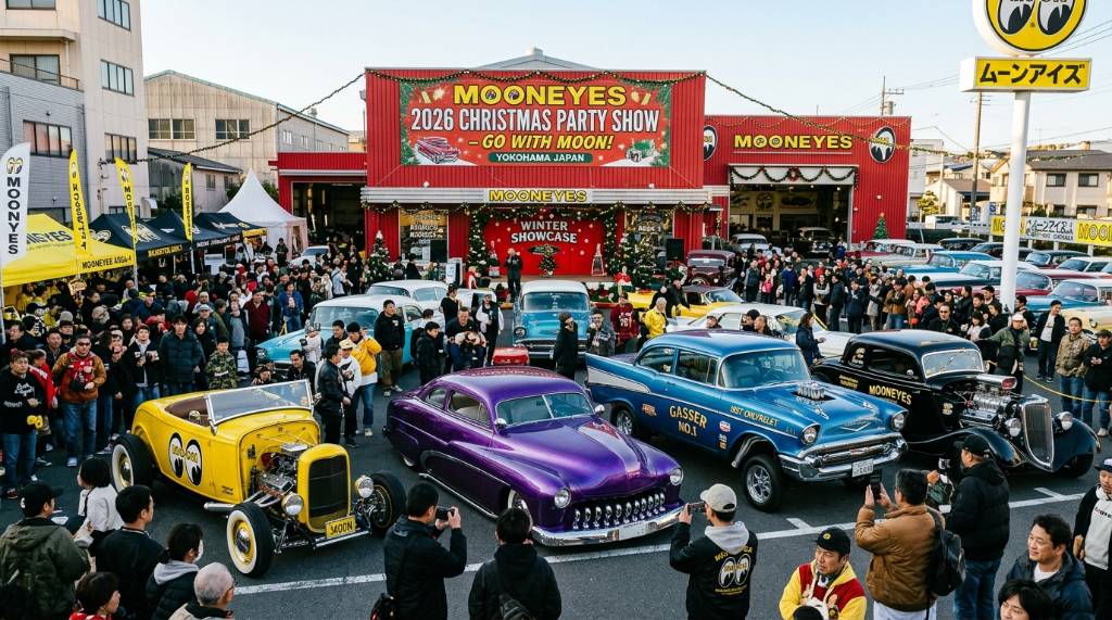 Custom hot rods and vintage American cars on display at the MOONEYES Christmas Party Show 2026 in Japan