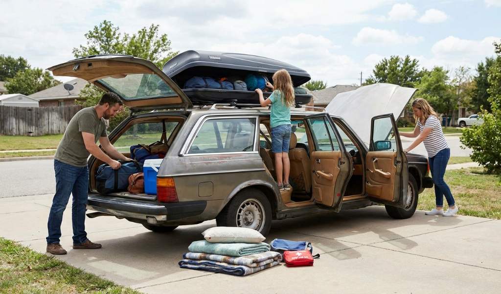 Parent checking tire pressure before a family road trip