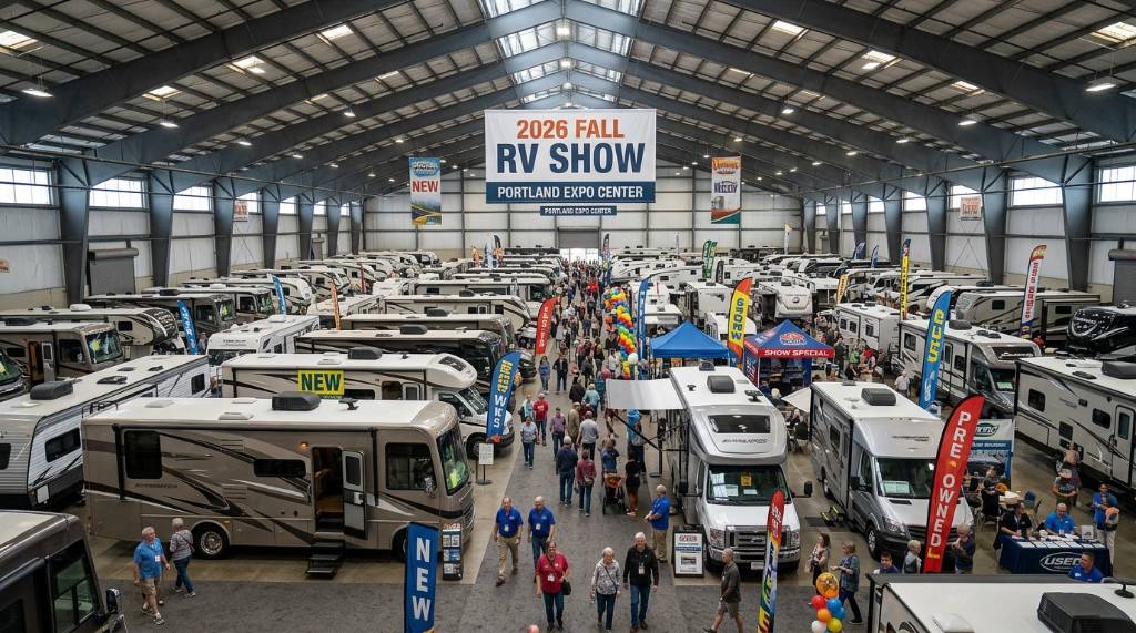 Rows of new and used RVs on display inside the Portland Expo Center during the 2026 Fall RV Show