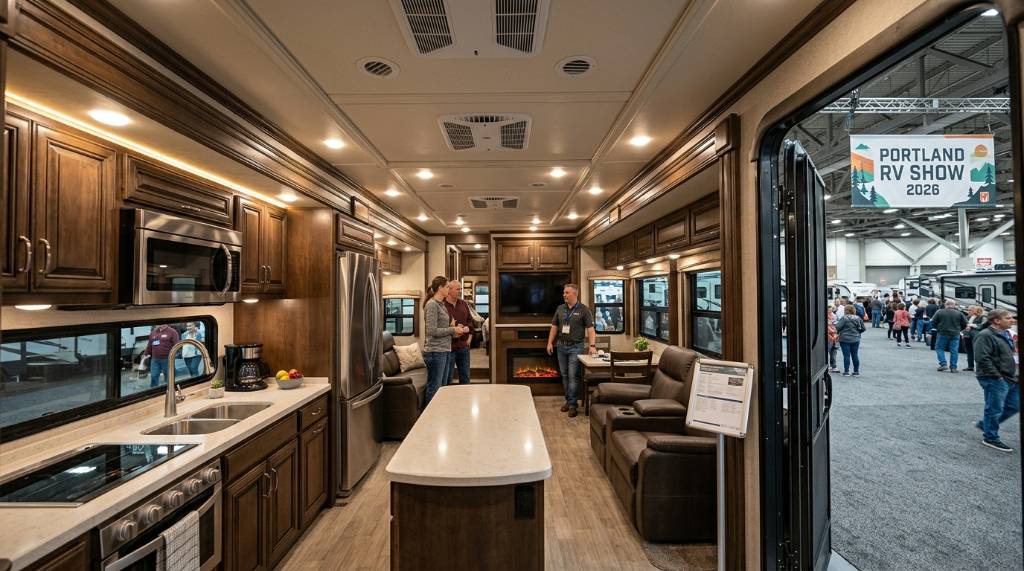 Interior view of a Class A motorhome with a full kitchen and living area at the Portland RV Show 2026