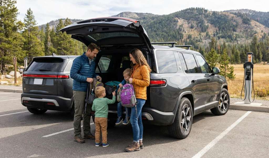 Quiet electric SUV cabin with sleeping child in car seat