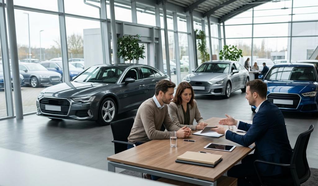 Shopper comparing itemized Audi lease worksheets from several dealers.