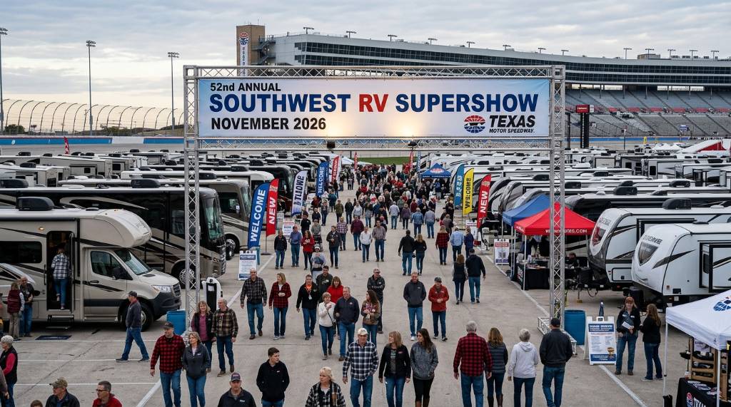 Visitors walking through the RV display floor at the 52nd Annual Southwest RV Supershow at Texas Motor Speedway in November 2026