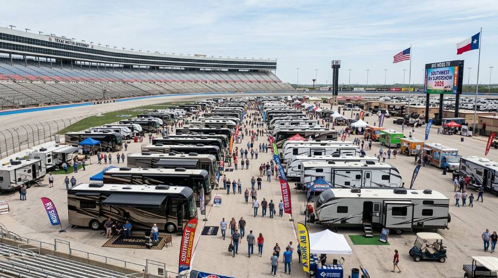 Rows of Class A motorhomes and travel trailers on display at the Southwest RV Supershow 2026 inside Texas Motor Speedway in Fort Worth
