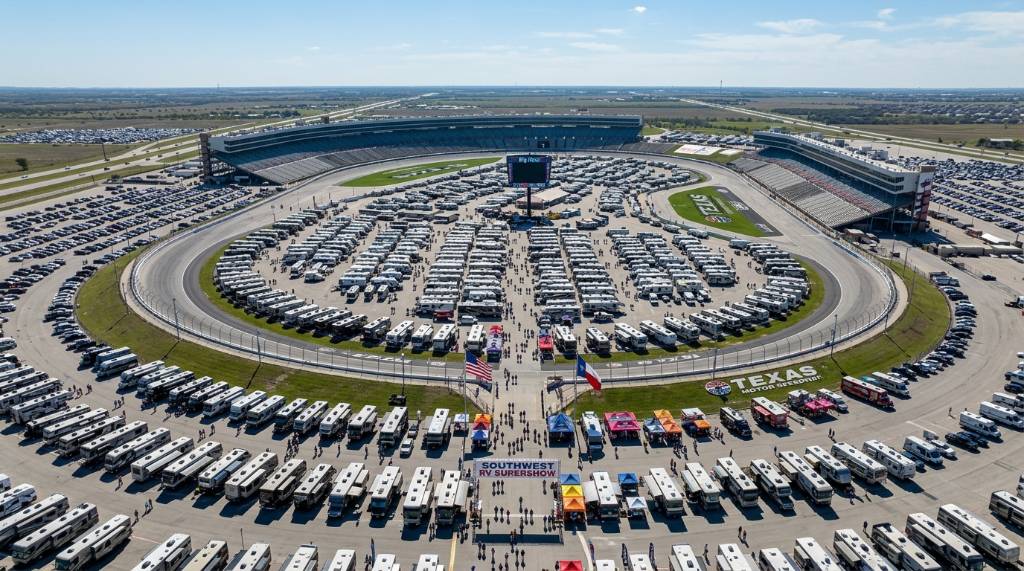 Aerial view of Texas Motor Speedway in Fort Worth Texas hosting the Southwest RV Supershow with hundreds of RVs filling the display area