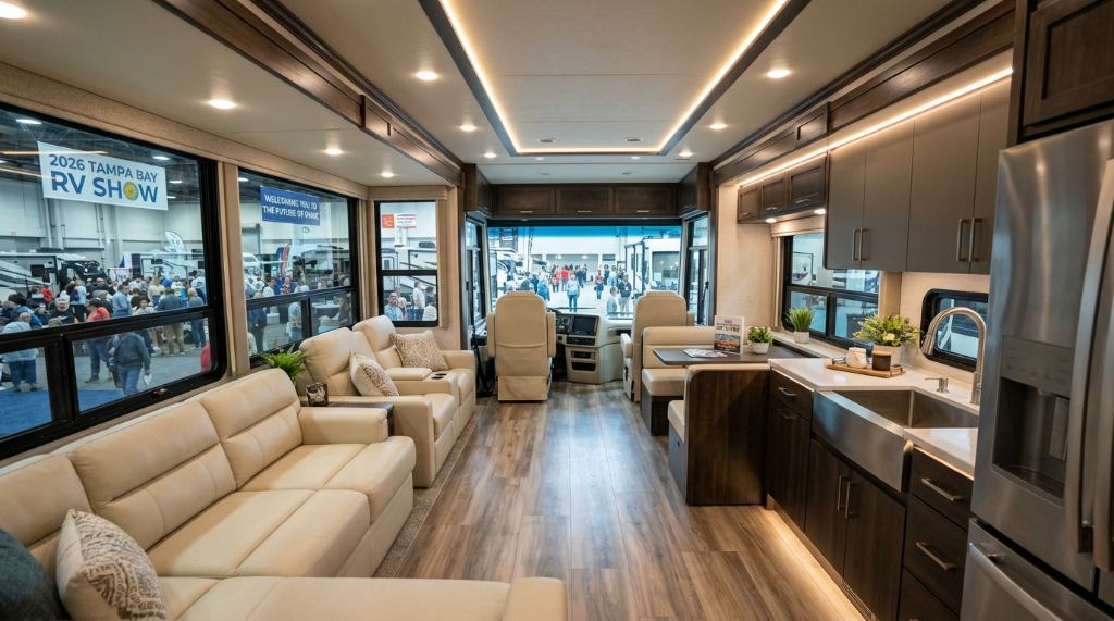 Interior view of a modern Class A motorhome on display at the 2026 Tampa Bay RV Show with open floor plan and large windows