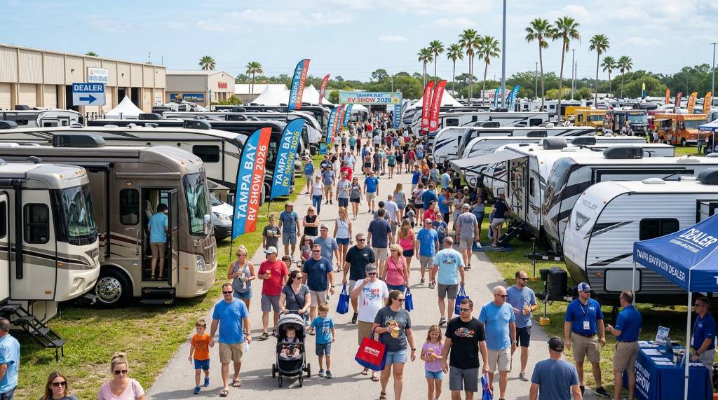Families walking through rows of RVs and travel trailers at the Tampa Bay RV Show 2026 at the Florida State Fairgrounds
