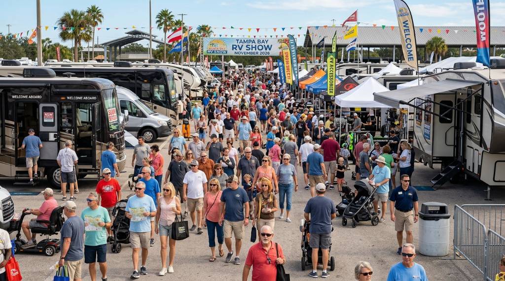 Crowd of visitors exploring outdoor RV exhibits and vendor booths at the Tampa Bay RV Show in November 2026