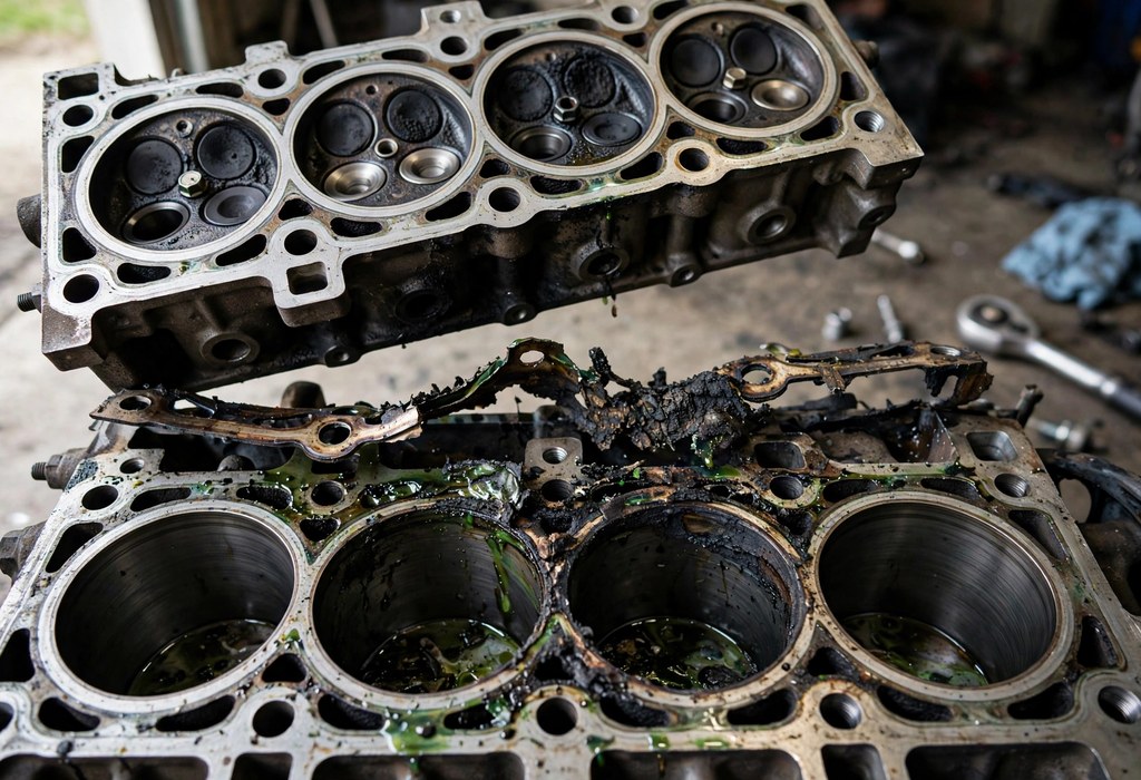 Close view of a blown head gasket between the cylinder head and engine block