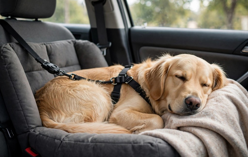 Calm dog resting on a blanket in a car back seat during a ride