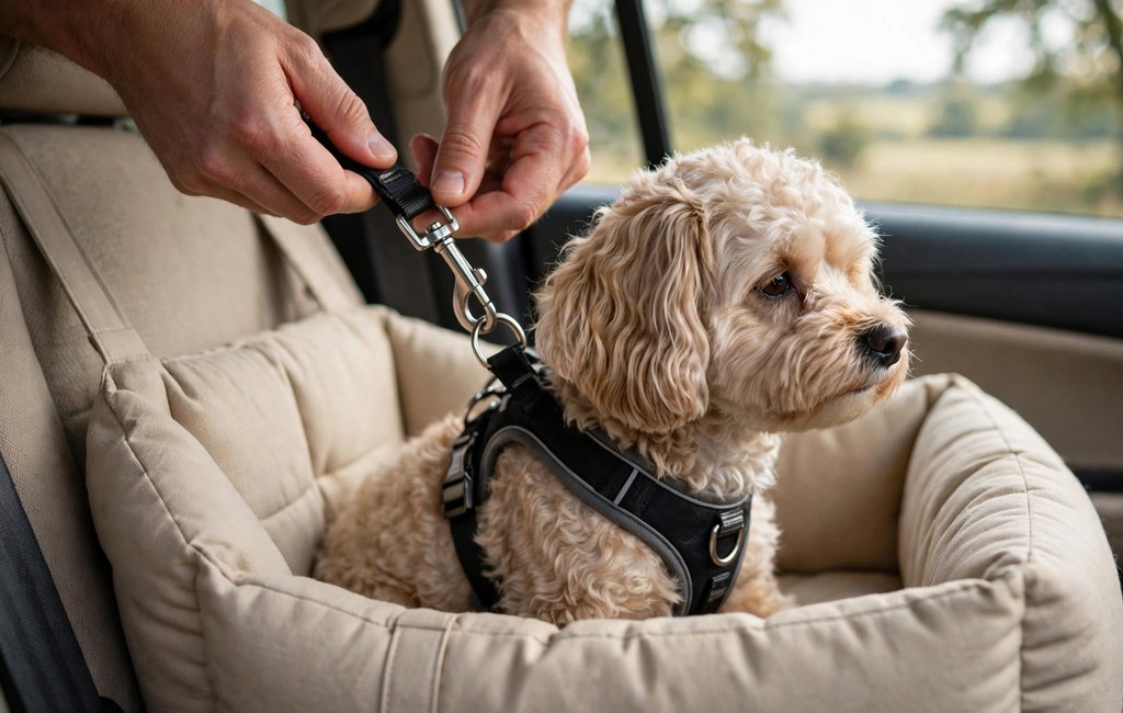 Owner clipping a harness tether inside a small dog car seat