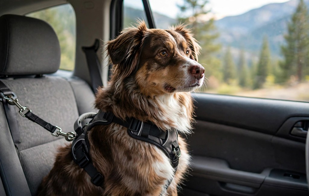 Dog wearing a harness clipped to a car seat tether during a road trip