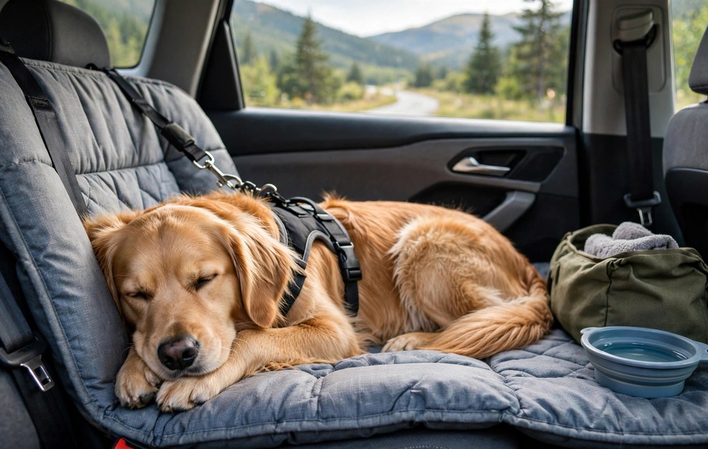 Dog resting comfortably in a padded car seat during a long road trip