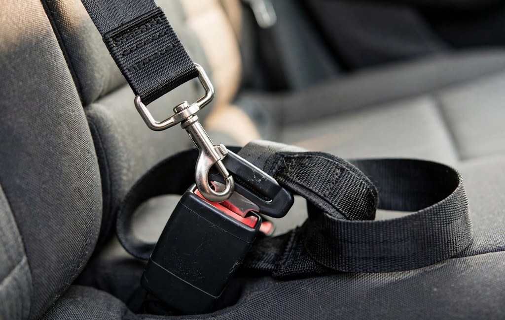 Close view of a dog seat belt buckle clipped into a vehicle seat belt receiver