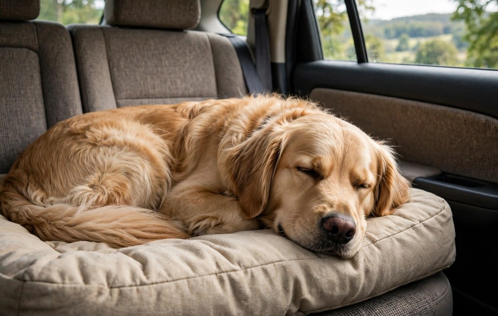 Family dog resting on a cushioned car seat with a view out the window
